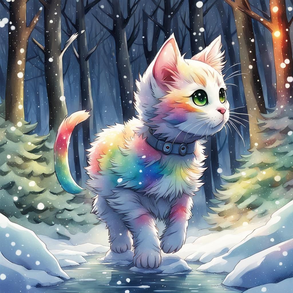 Cute Kitten in Snowy Forest, Anime Style Illustration