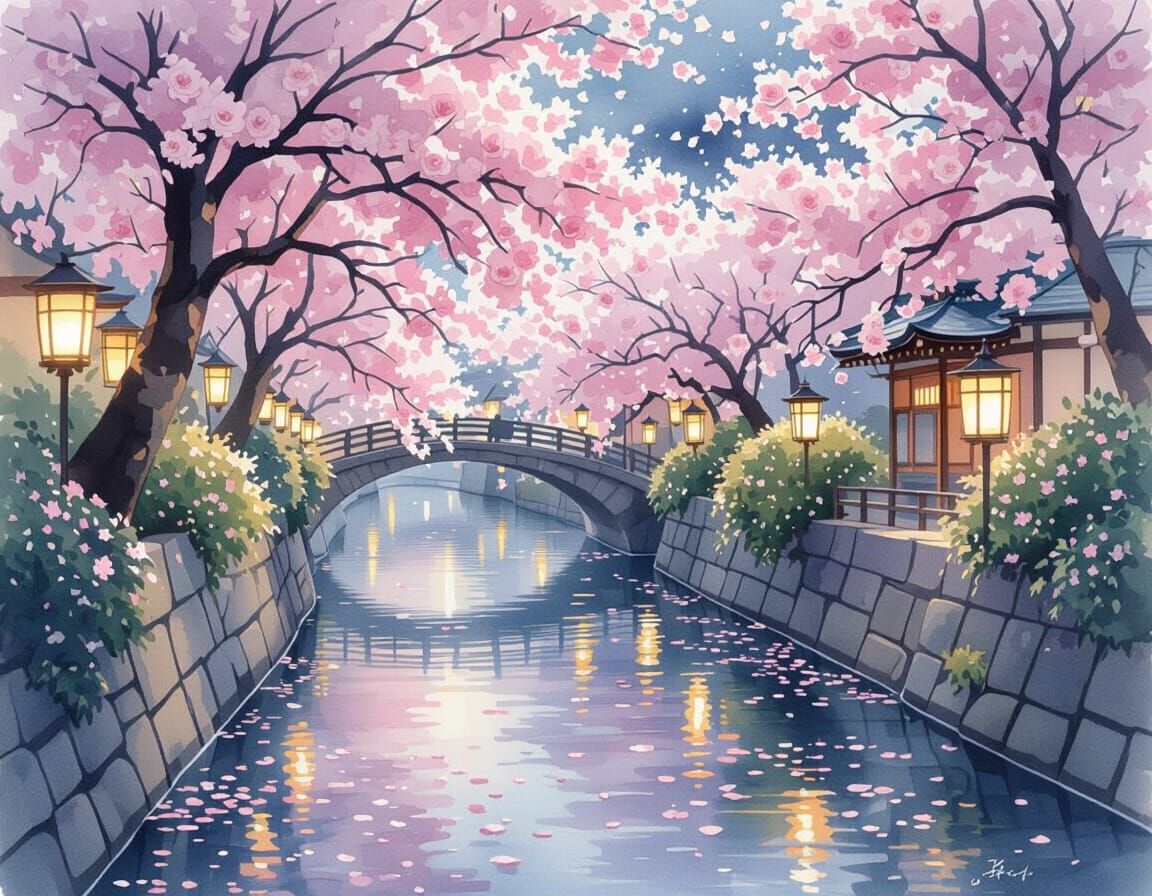 Kyoto Blossom Lanterns: Lilac Roses Over Moonlit Canal