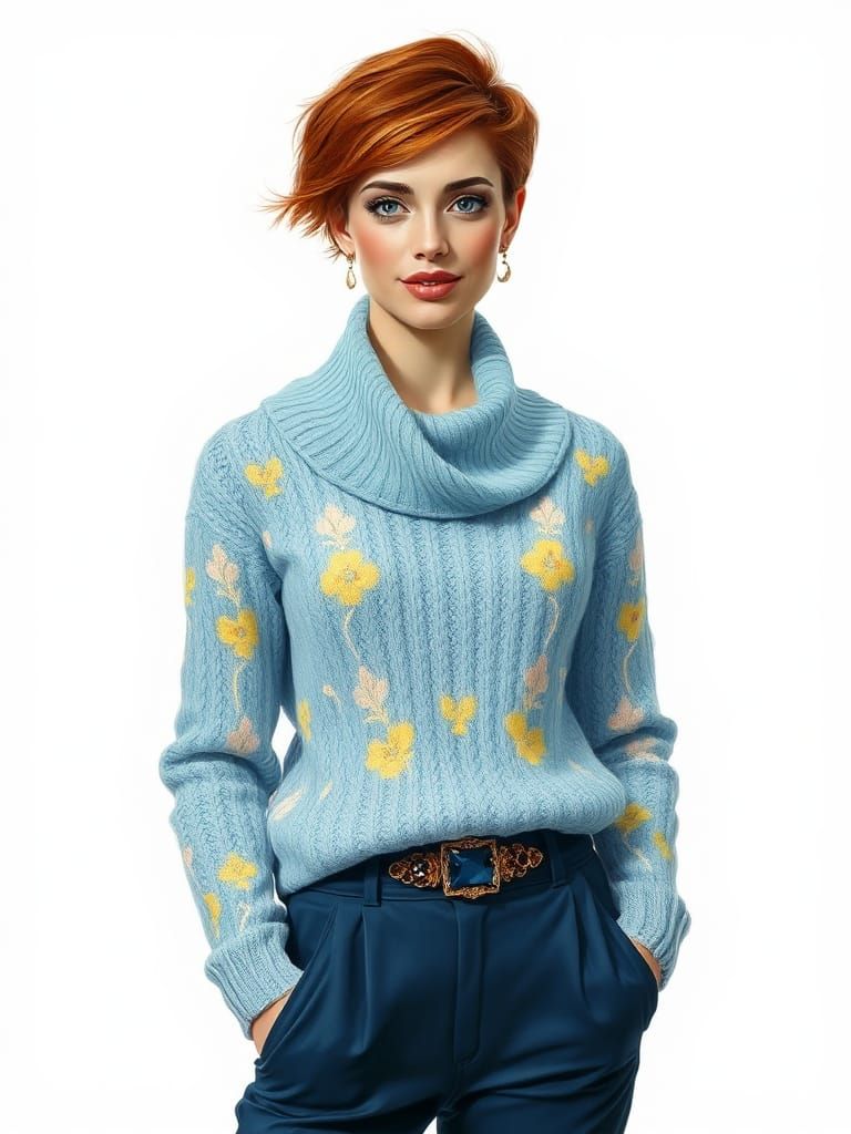 Elegant Woman in Shawl Collar Knit, Oil Painting Style