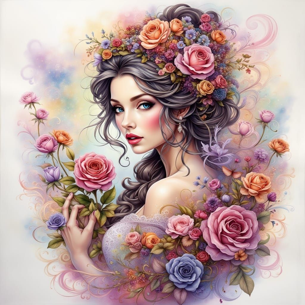 Intricate Pen and Ink Art: Belle Holds a Rose