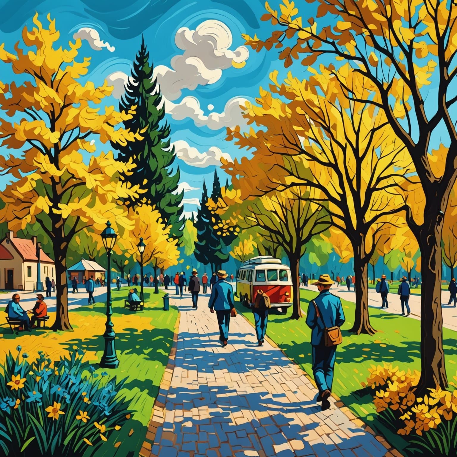 Lively Park Scene in Van Gogh Style