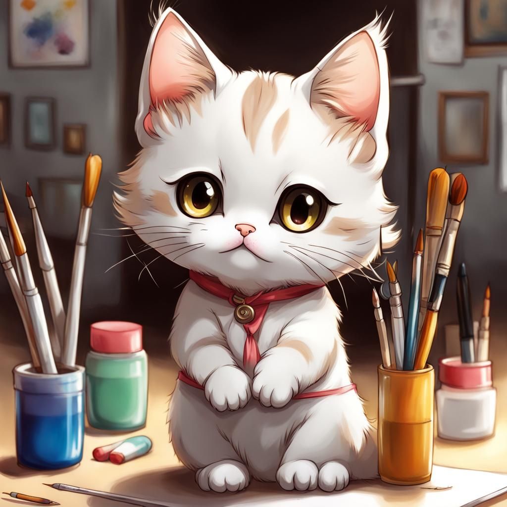 Cute Chibi Cat Painter in Anime Style