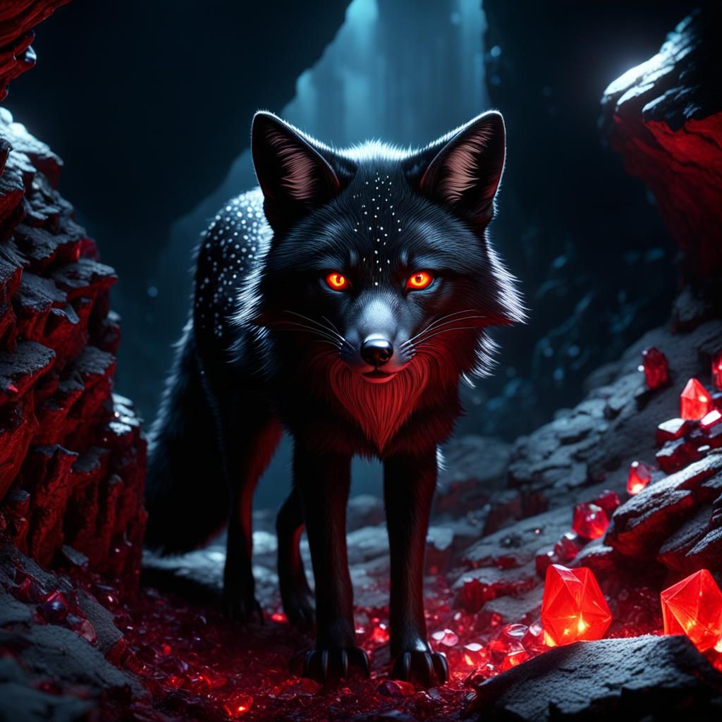 Angry Black Fox with Glowing Eyes in Crystal Cave