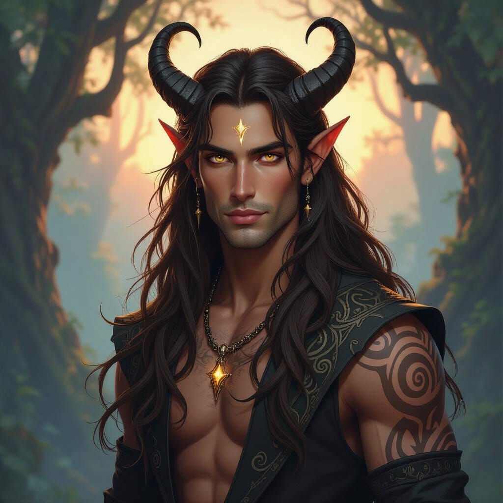 Mystical Tiefling Warrior in Ethereal Forest