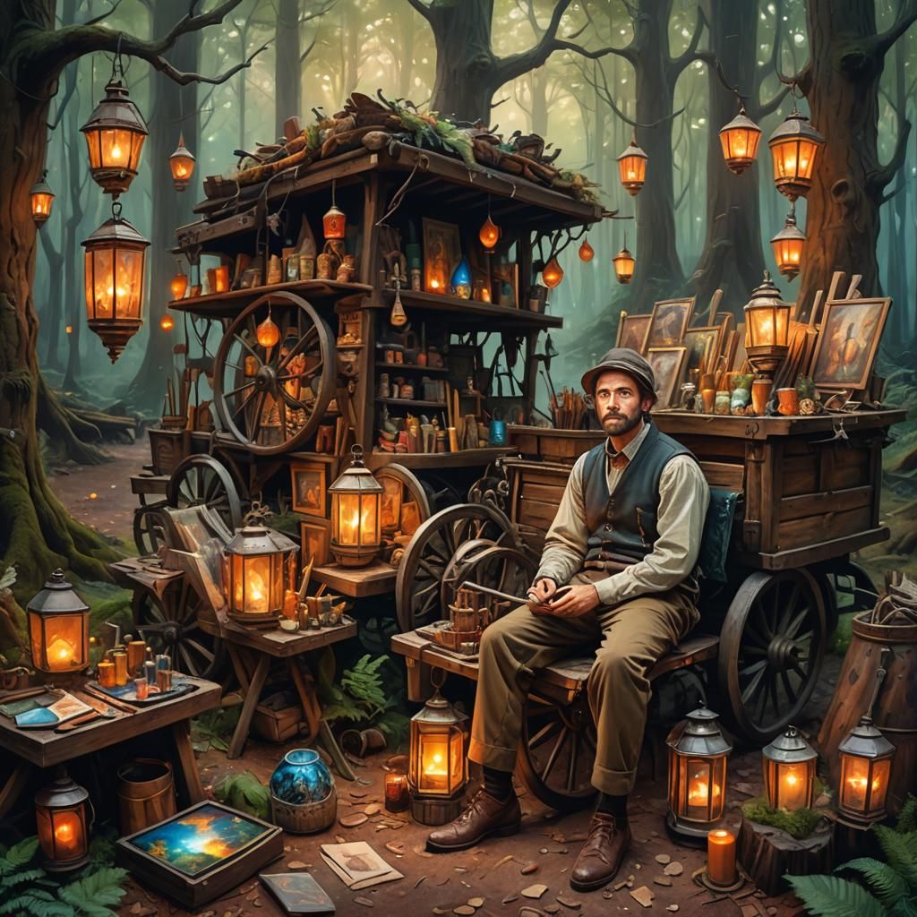 Fantasy Artist in Mystical Forest: Oil Painting