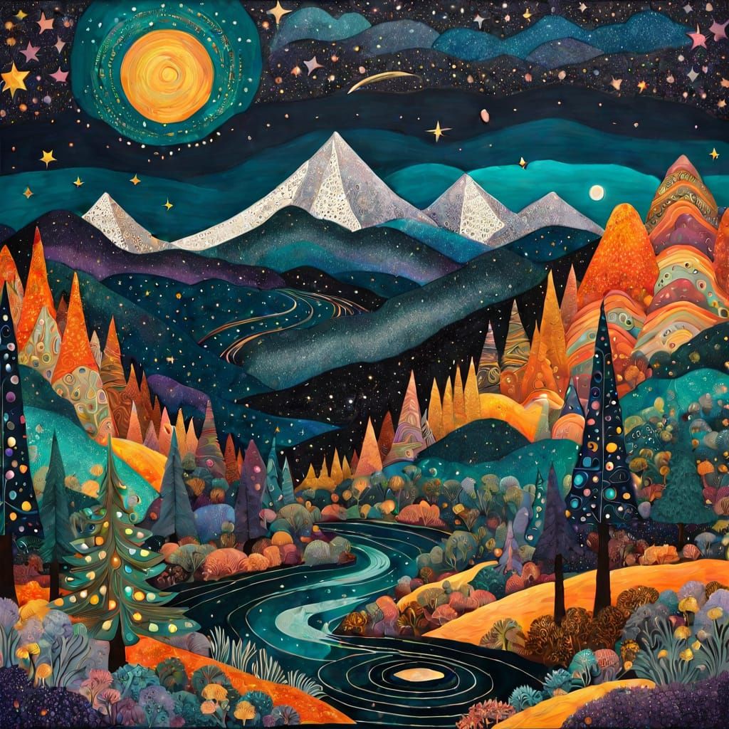 Whimsical Mountain River Landscape with Shooting Stars