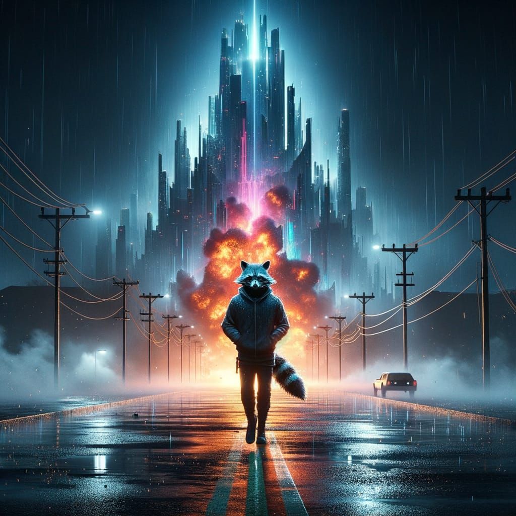 Raccoon Mask Striding Through Cyberpunk Cityscape