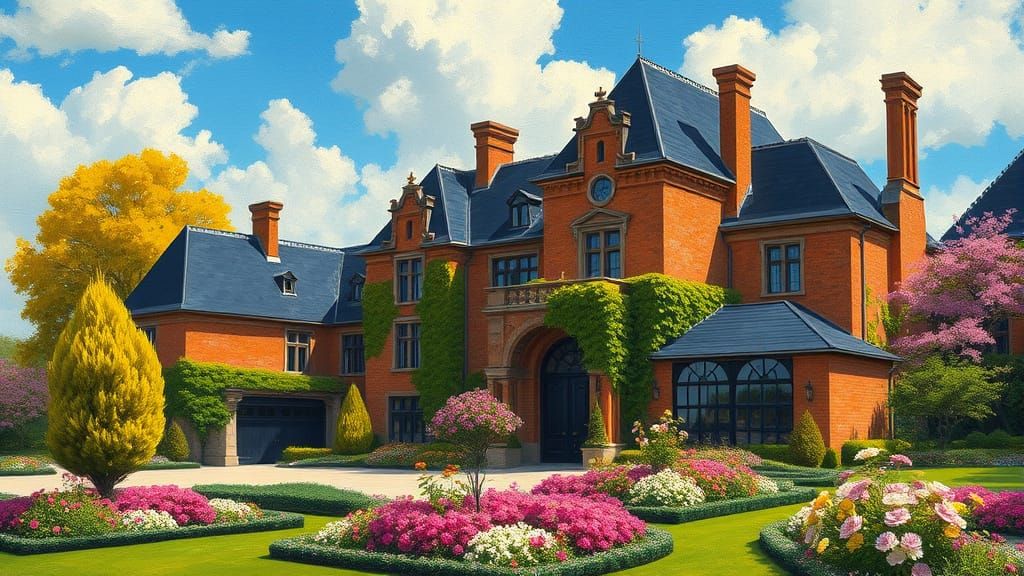 Elegant Chateau Surrounded by Vibrant Trees and Gardens