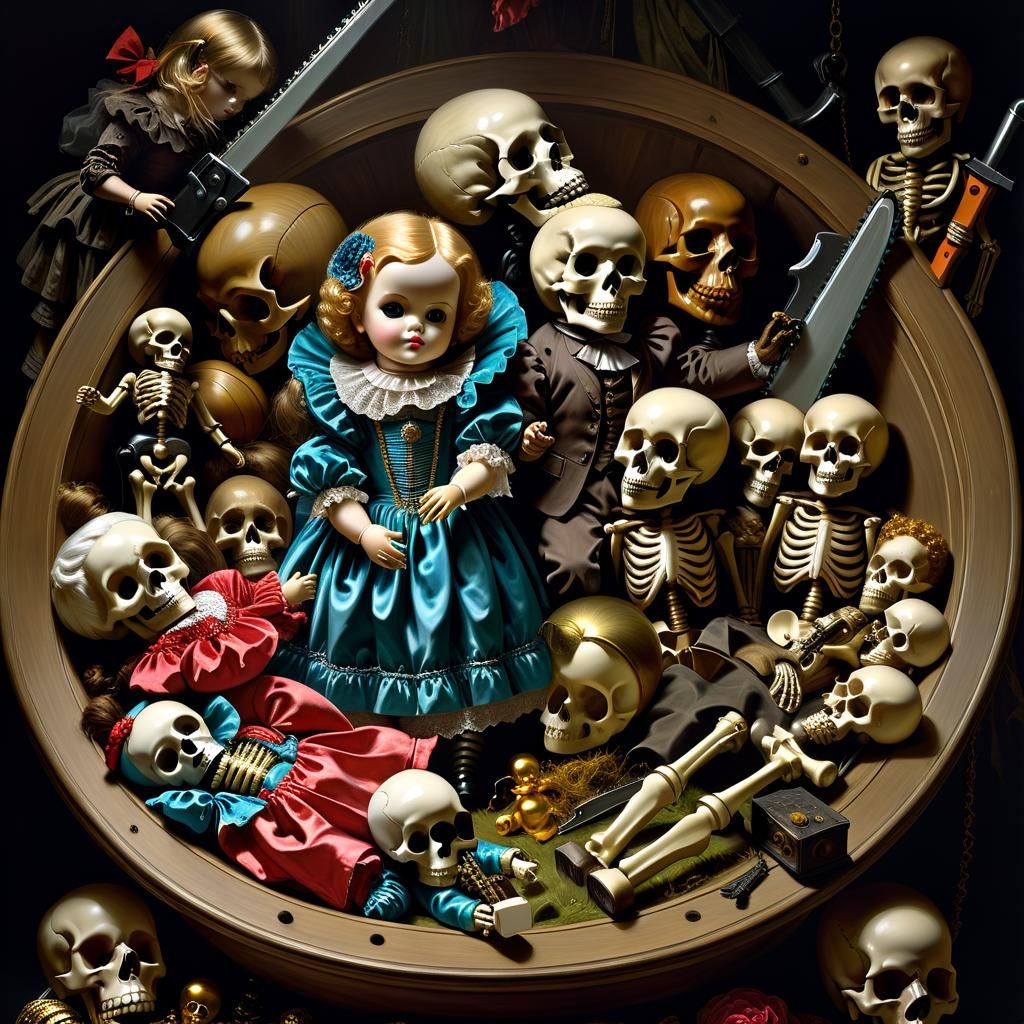 Creepy Toys Display in Historical Cinematic Style