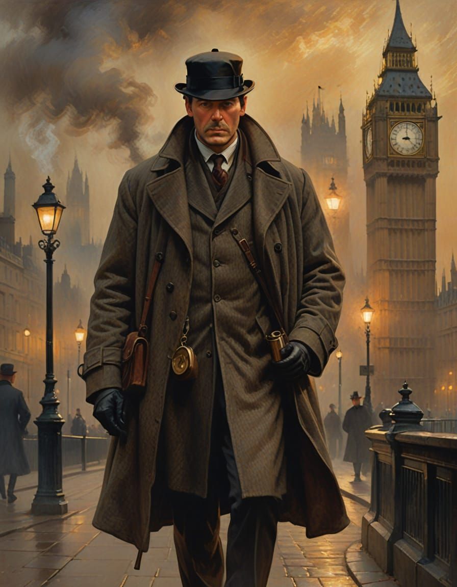 Sherlock Holmes in Victorian London, Atmospheric Oil Paintin...