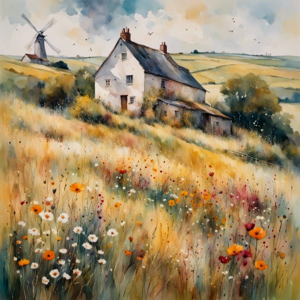 Charming Farmhouse on a Hill with Colorful Flowers