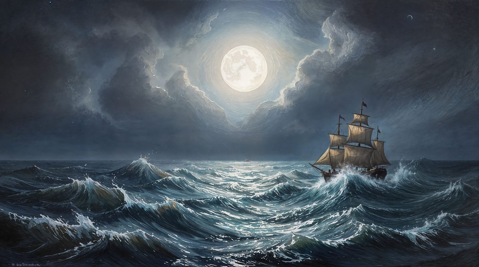 Stormy Impressionist Seascape with Sailing Vessel