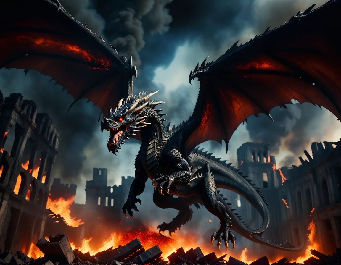 Epic Black Dragon Amidst Burning Ruins