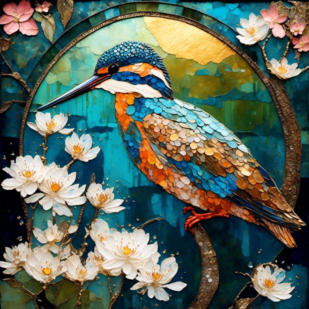 Kingfisher Collage with Spring Blossoms in Watercolor