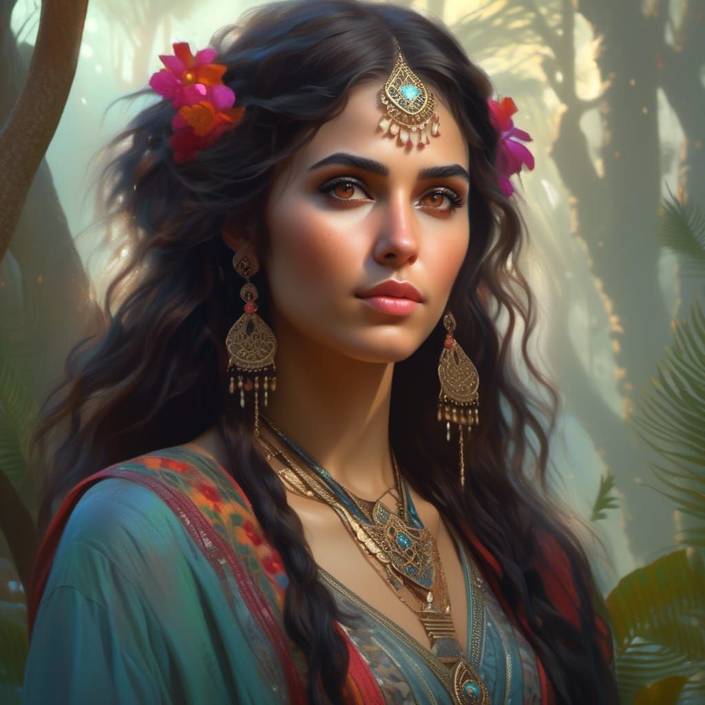 Brunette Romani Woman Portrait in Art Nouveau Style
