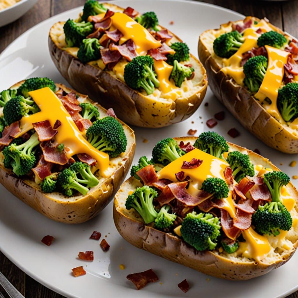 Delectable loaded baked potato with cheese, bacon, and broccoli