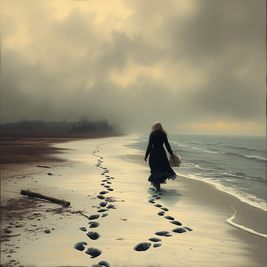 Woman's Farewell on Shoreline in Doré Style