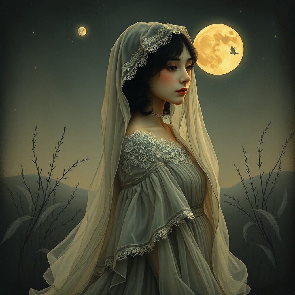 Dreamlike Symbolist Portrait in Whimsical Nocturne Landscape