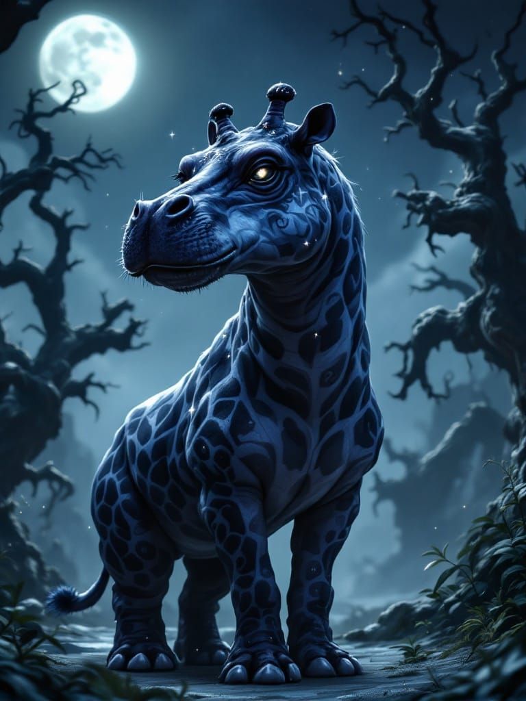 Moonlit Hippo-Giraffe Hybrid in Whimsical, Gothic Fantasy