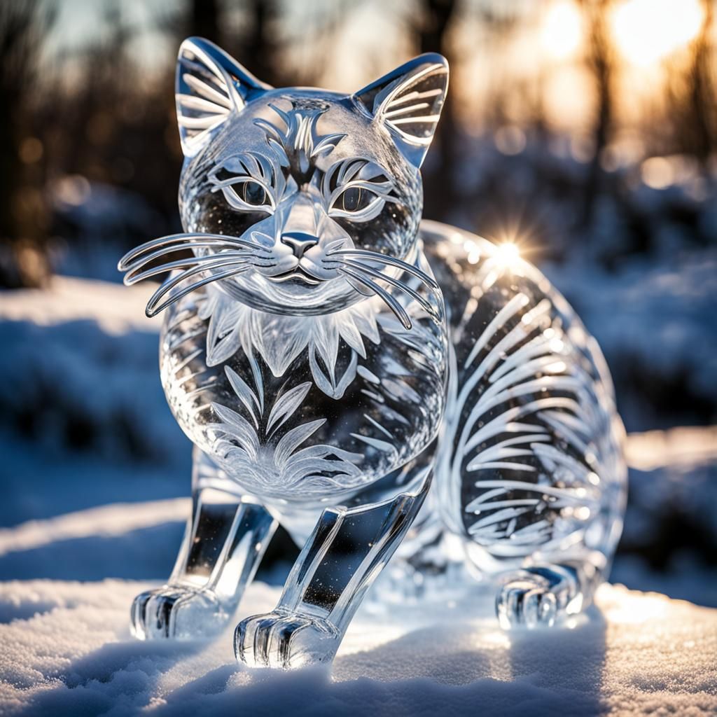 Elegant Ice Sculpture of a Cat
