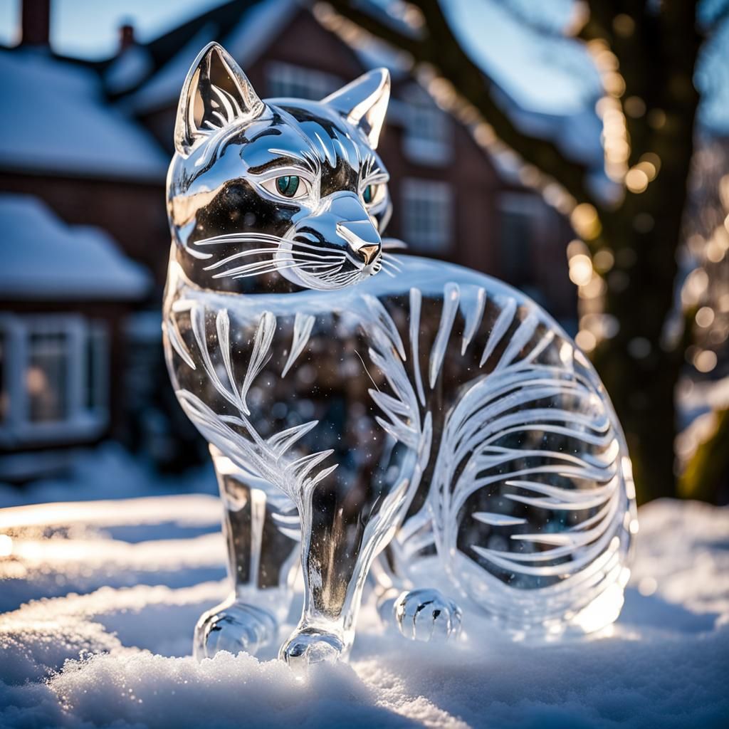 Elegant Ice Sculpture of a Cat in Sunlight