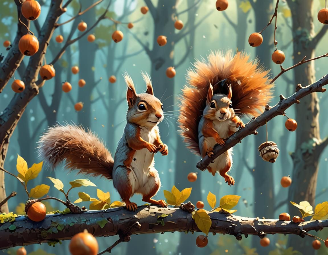 Playful Squirrel Juggling Acorns in Fantasy Style