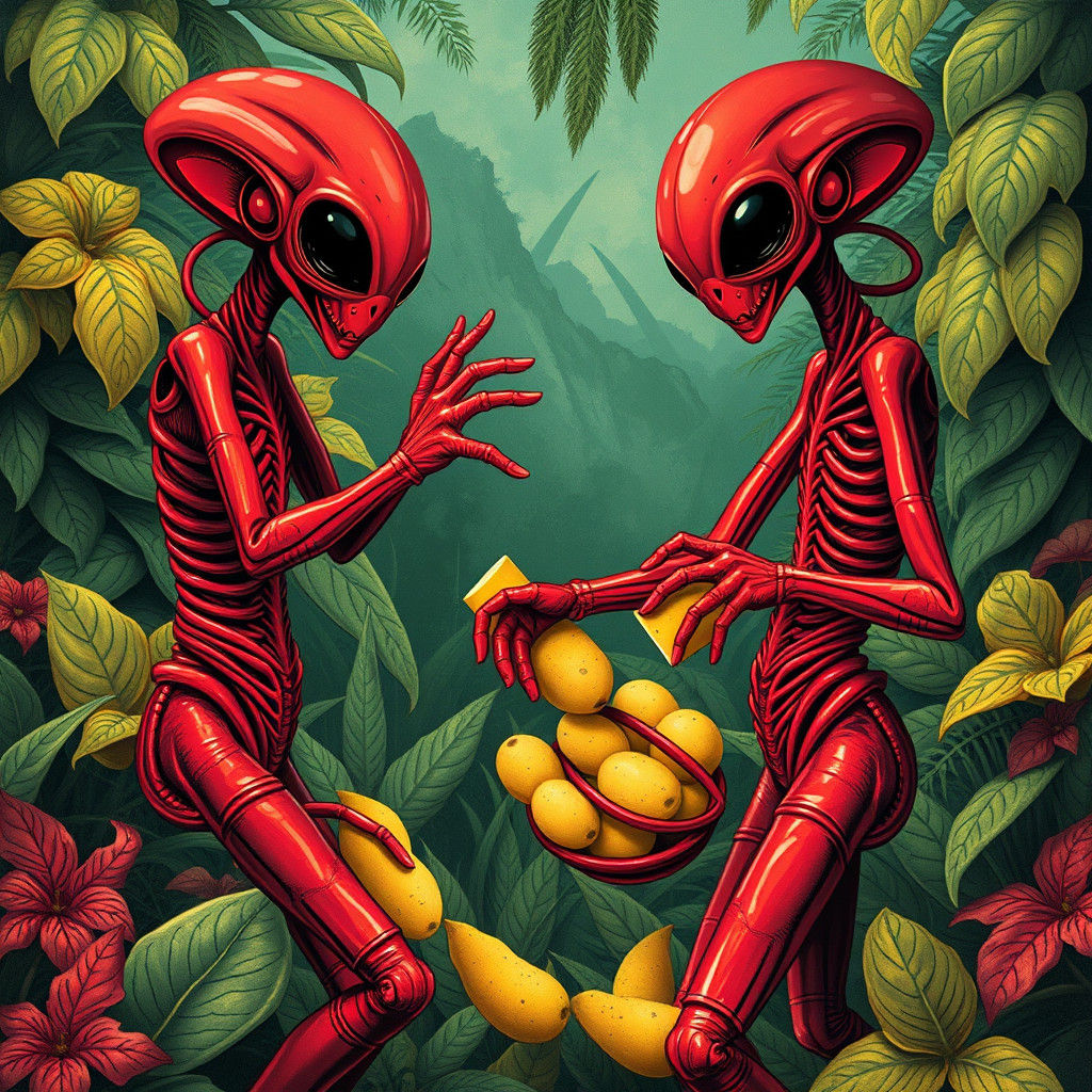 Surreal Aliens Dancing Conga in Jungle Illustration