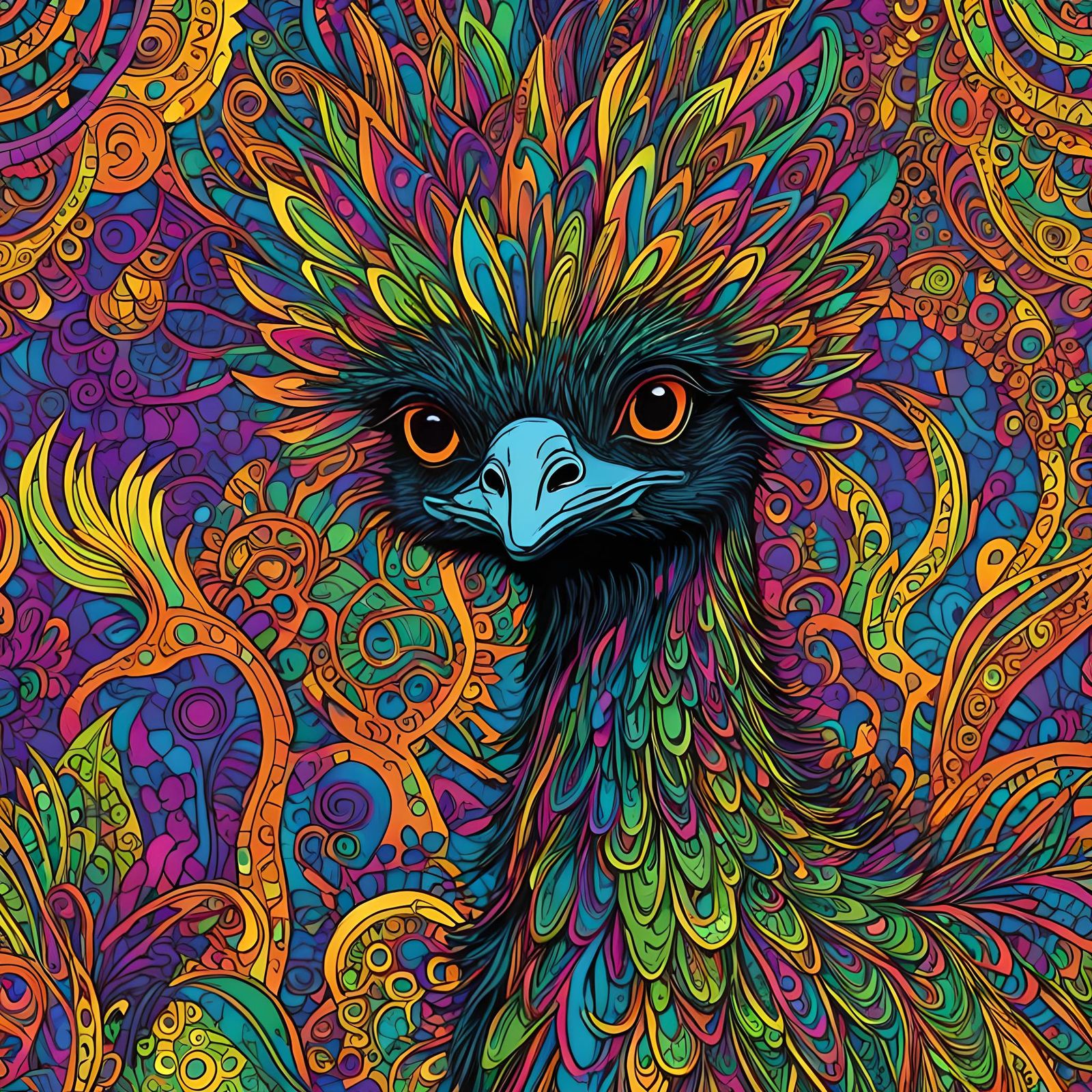Emu in Psychedelic Zentangle Line Art