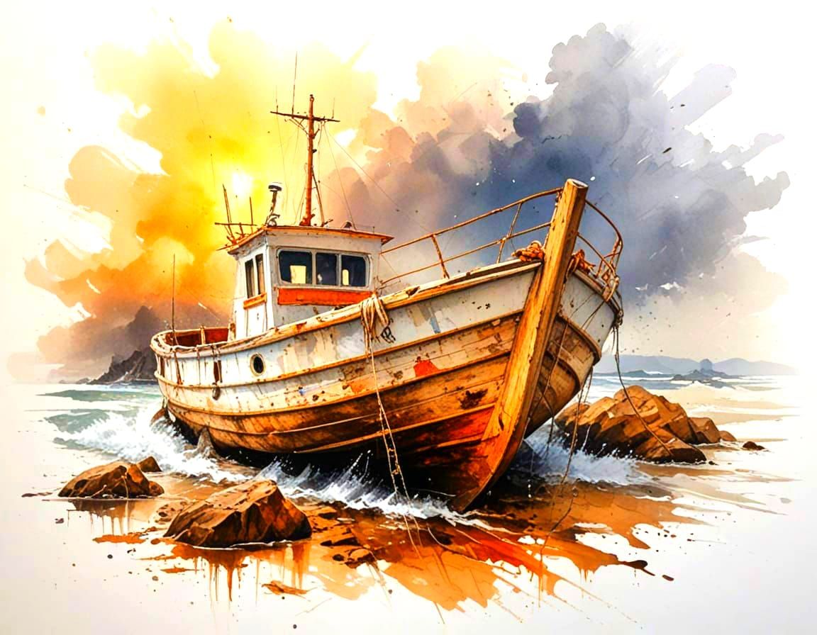 Stormy Seas and Sunlit Boat in Painterly Realism