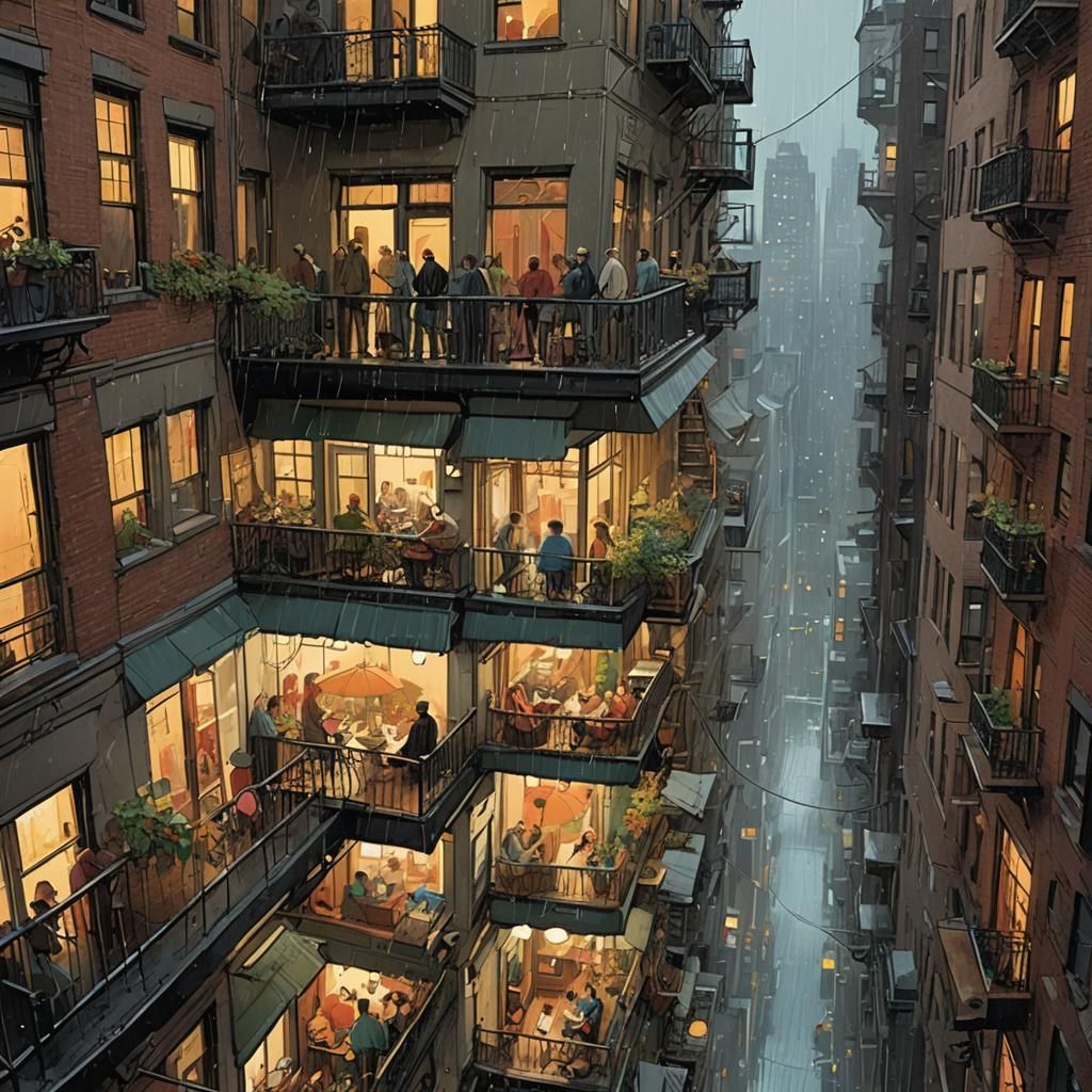 Rainy Night Balcony View in Comic Cartoon Style