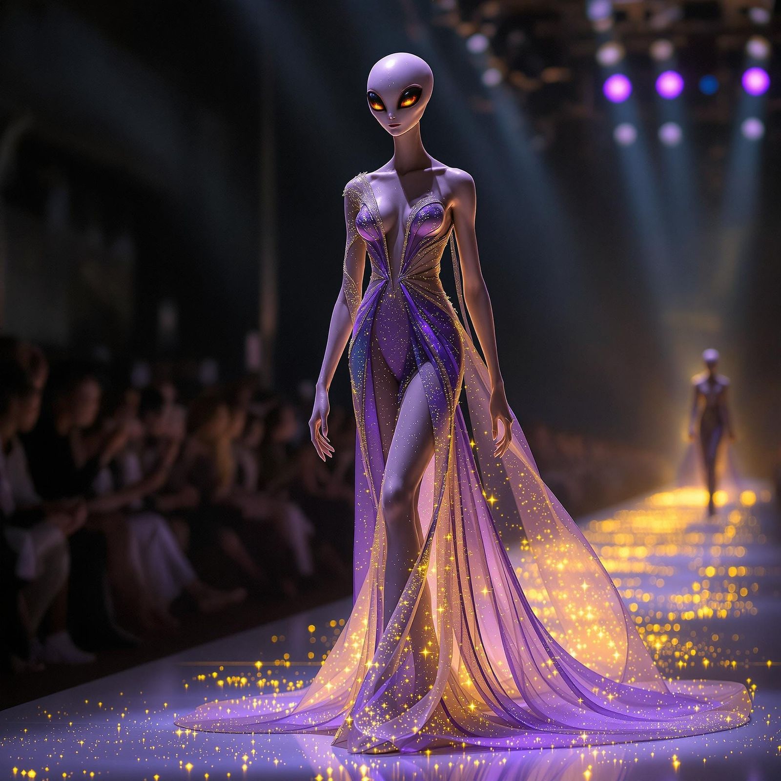 Photorealistic picture of a alien female at an alien fashion show doing catwalk. A statuesque alien with skin like polis...