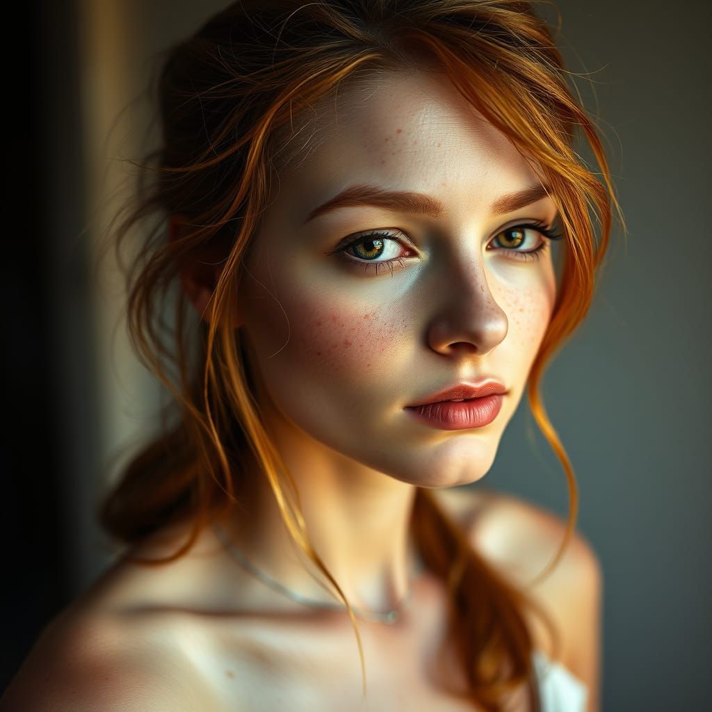 Softly Focused Portrait of a Freckled Woman in Bohemian Styl...