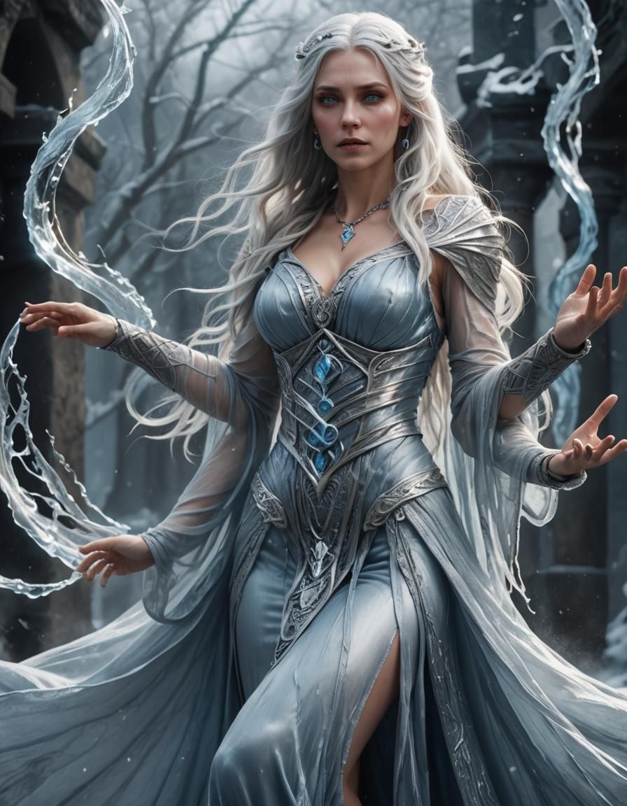 Beautiful Sorceress Casting Ice Spell in Fantasy Art