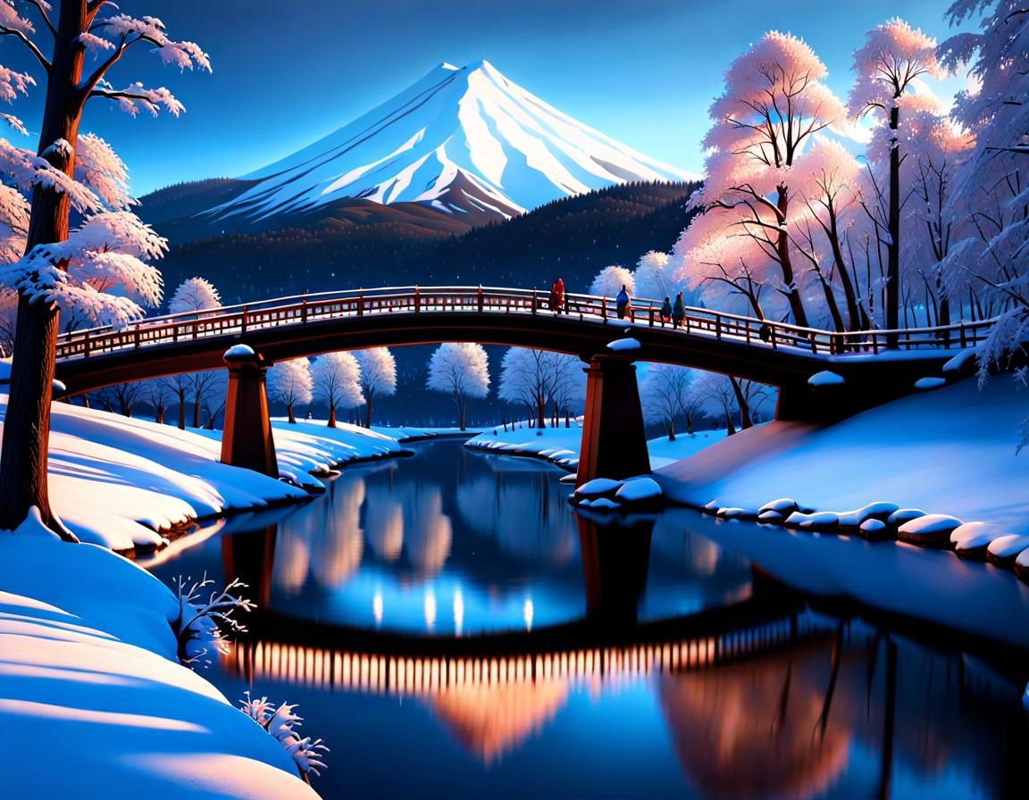 Winterscape n°5 : Near Fuji Mount (Japan) , Landscape reflections over a frozen river under a beautiful bridge