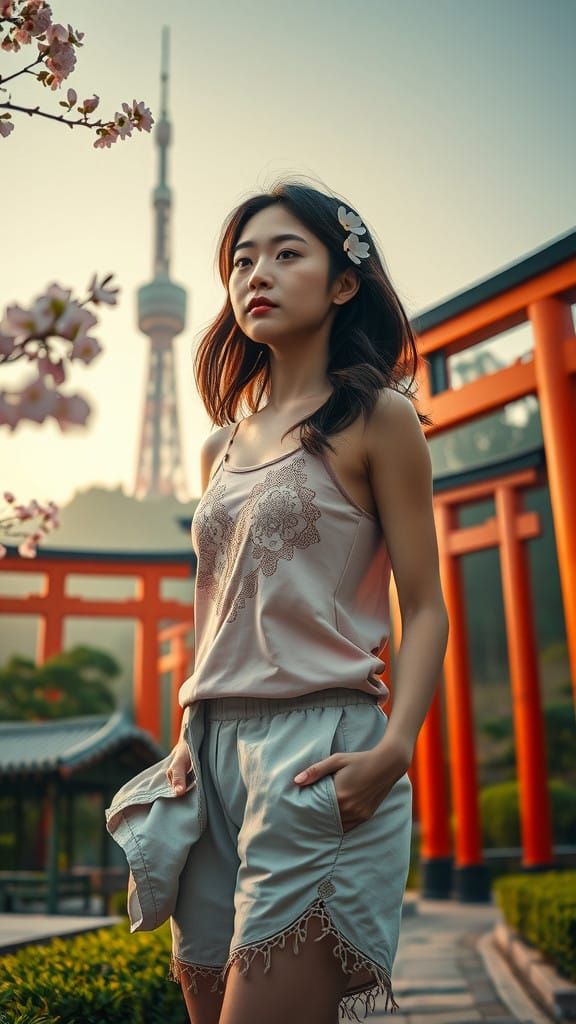 Serene Japanese Woman in Tokyo's Golden Light