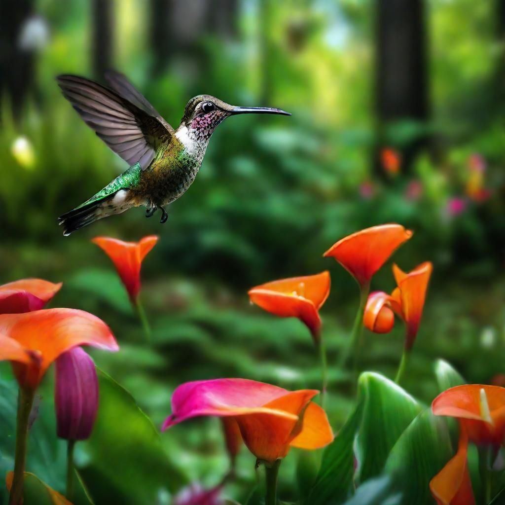 Hummingbird and Fox with Calla Lilies in Forest