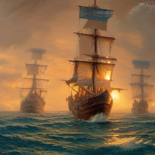 Pirate Ships Clash in a James Gurney-Style Painting