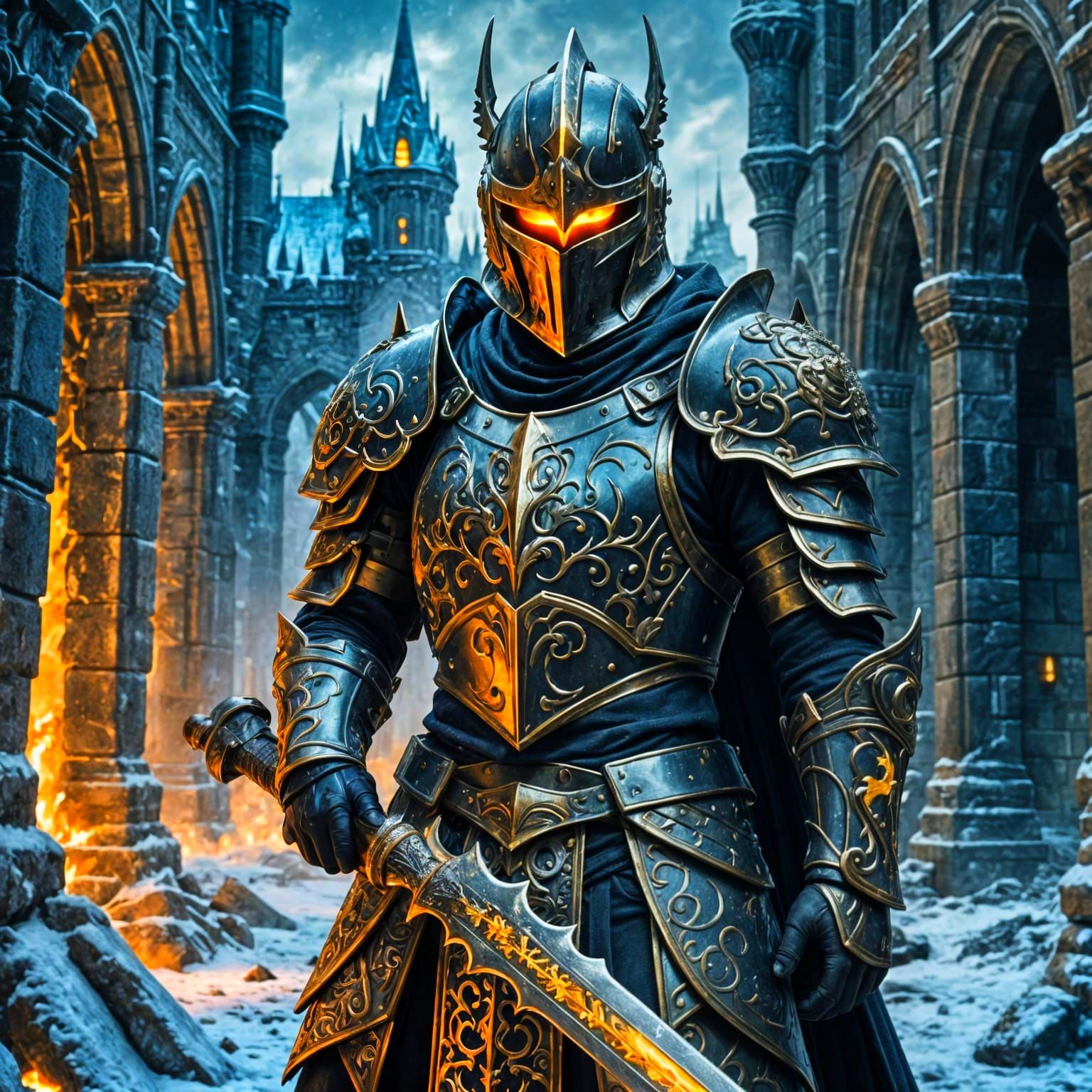 Ominous Knight in Frozen Ruins: Detailed 3D Render