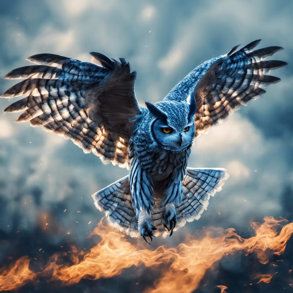Hyperrealistic Blue Owl in Flight with Flames