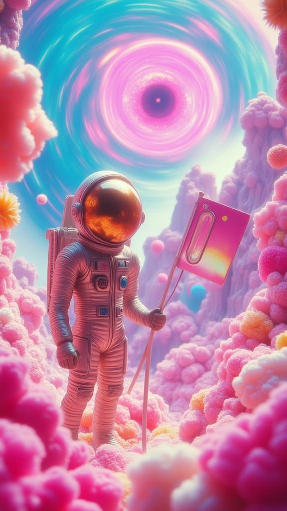 Astronaut Plants Flag on Cotton Candy Planet