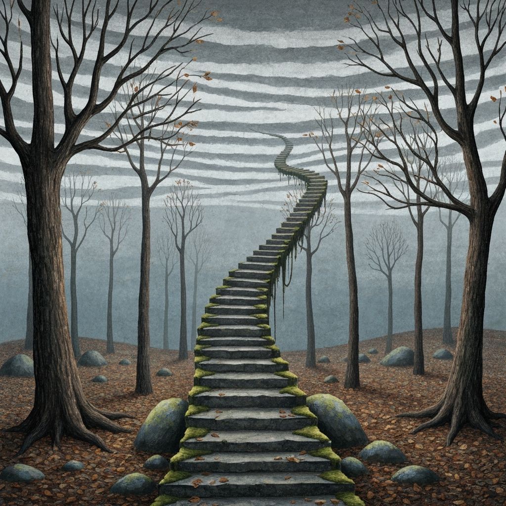 Surreal Forest Staircase at Dusk as Whimsical Art