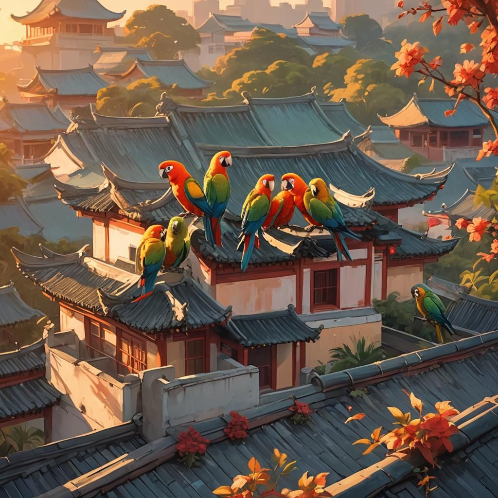 Parrots on Chinese House Roof: Watercolor Art