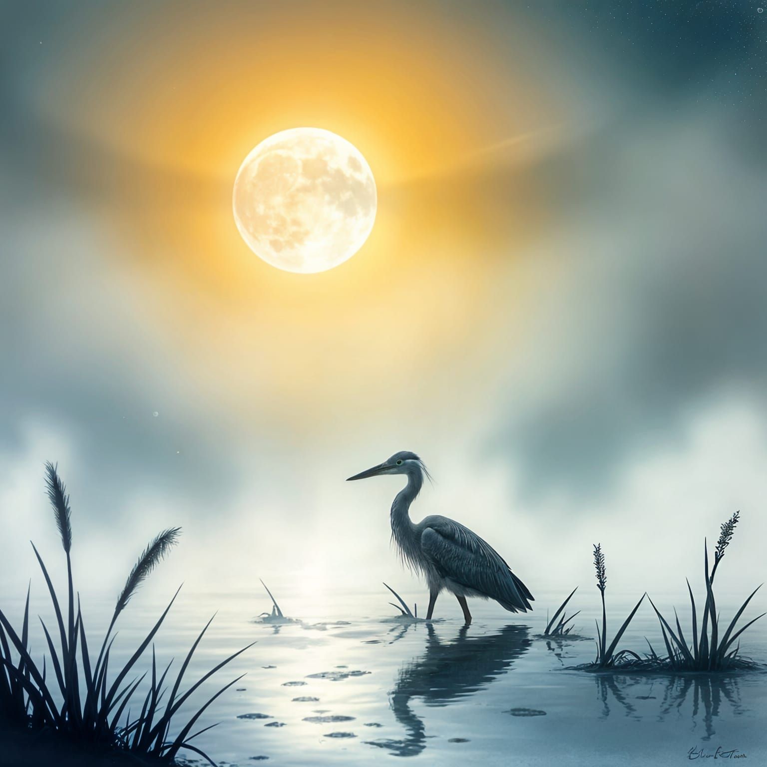 Moonlit Heron in Wetlands