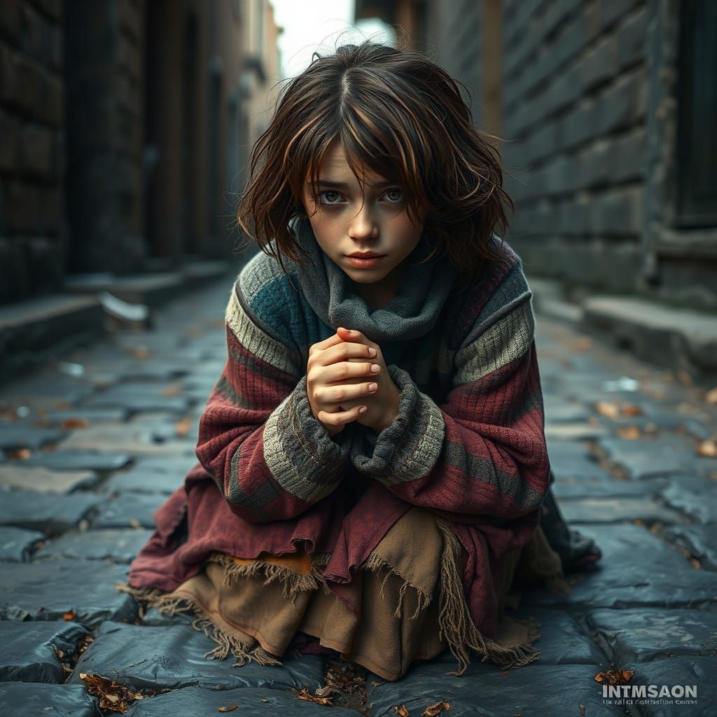 Desperate Young Woman Begs on Stone-Paved Street in a Cyberp...