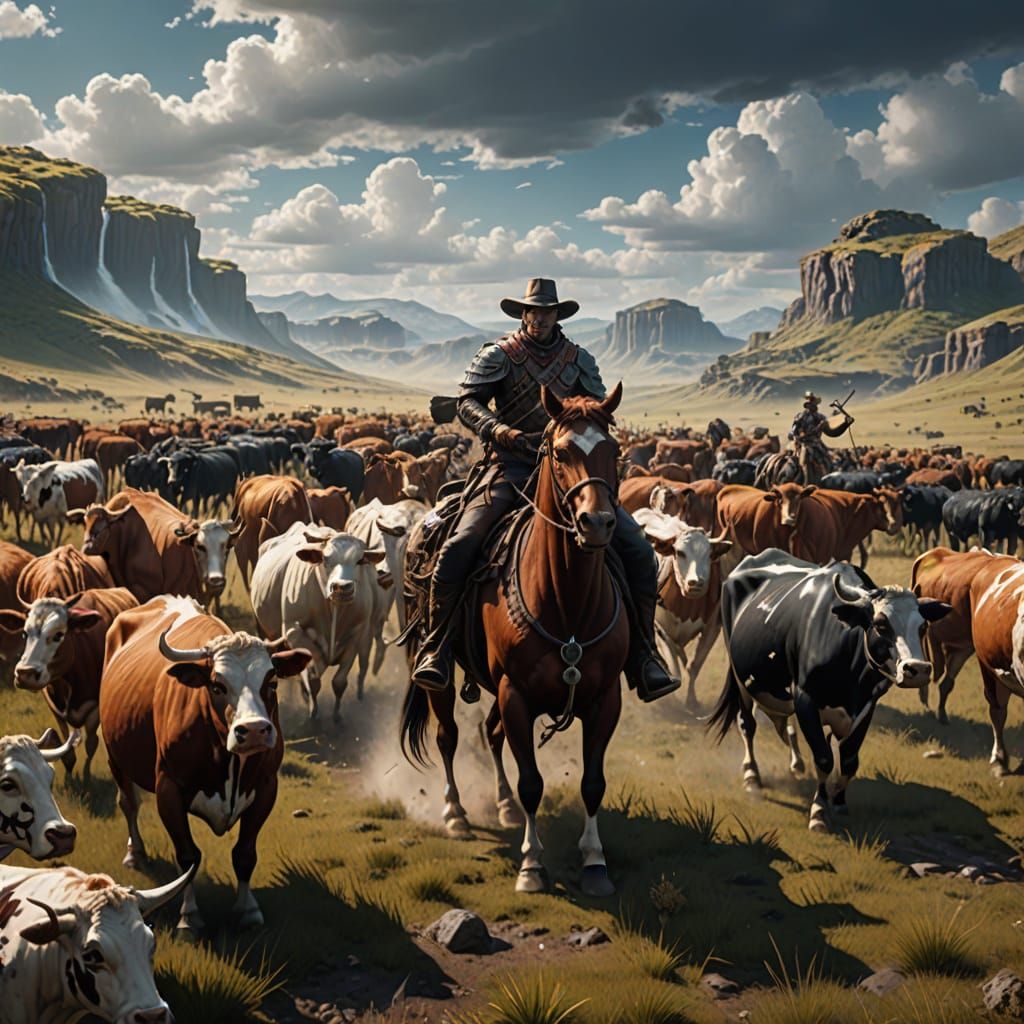Cowboy Herding Cattle on Plains in Detailed Matte Painting S...