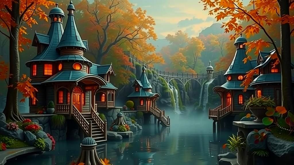 Fantasy Woodland Houses by Lake in Autumn Forest