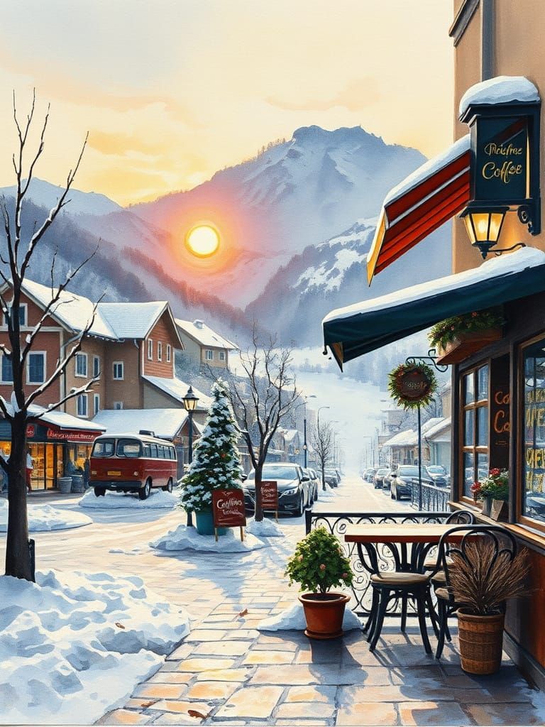 Impressionist Winter Sunrise in a Bustling Coffee Shop