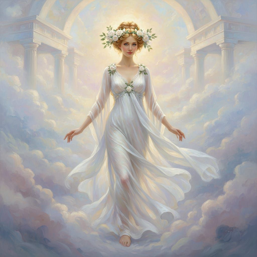 Ethereal Greek Goddess in White with Rose Garland