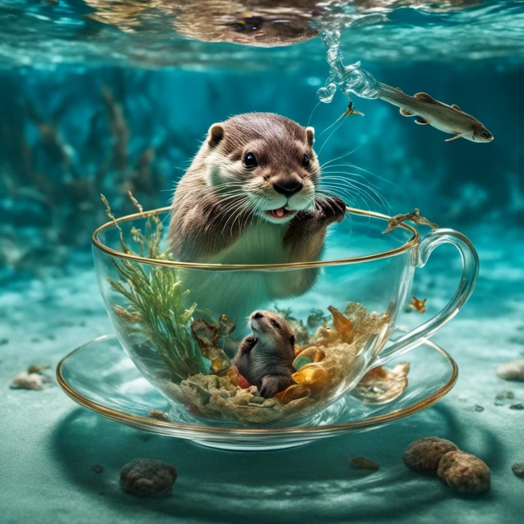 An otter standing in a transparent teacup with baby otter.