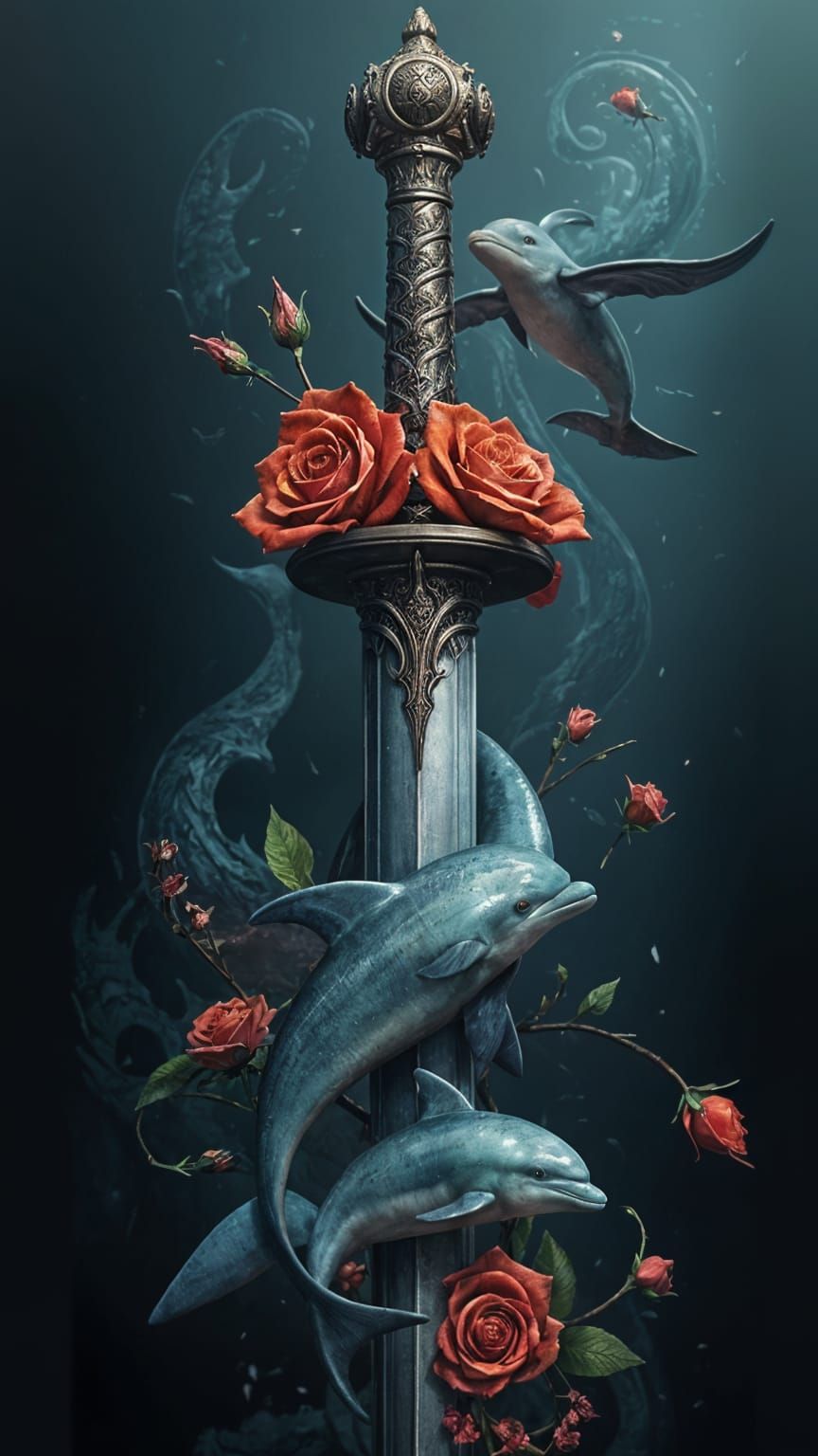 Elegant Dagger Tattoo Design with Dolphins and Rosebuds